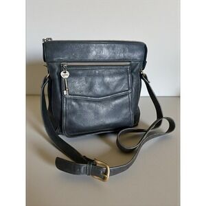 Vtg Fossil Crossbody Handbag Black Pebble Leather Cargo Organizer Adj Strap Key